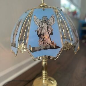 Rare  Vintage Baby Blue/brass  6 Glass Panel Guardian Angel Lamp(not Touch) 23"